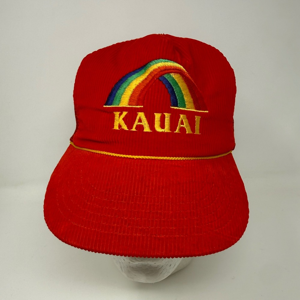 Vintage Hawaiian Headwear Kauai Rainbow Corduroy Mesh Trucker Hat Red Snapback